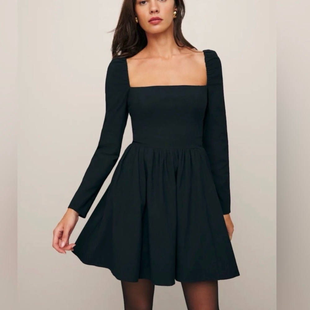 Reformation Parmida Dress in Black Long Sleeve Mini Square Neckline Size 6